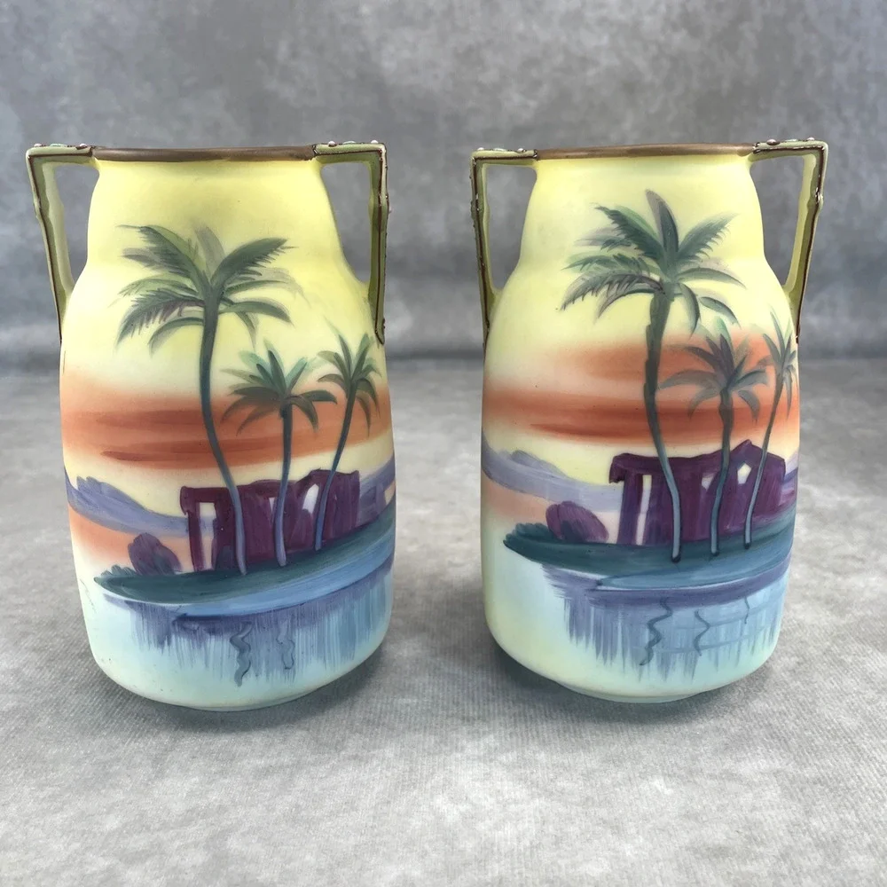 Pair of Antique 1910 Japanese Porcelain Nippon Morimura Moriage Vases 5.5”